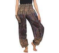 Lofbaz Harem Pants for Women Hippie Boho Festival Clothing - Bohemian Trousers for Yoga Beach Summer - Smocked Waist with Pockets - Rose 2 Grey 4XL Plus
