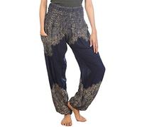 Lofbaz Harem Pants for Women Hippie Boho Festival Clothing - Bohemian Trousers for Yoga Beach Summer - Smocked Waist with Pockets - Floral 1 Dark Blue 4XL Plus