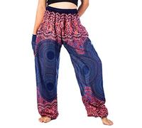 Lofbaz Harem Pants for Women Hippie Boho Festival Clothing - Bohemian Trousers for Yoga Beach Summer - Smocked Waist with Pockets - Rose 1 Dark Blue XXL Plus