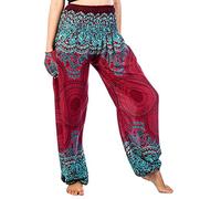 Lofbaz Harem Pants for Women Hippie Boho Festival Clothing - Bohemian Trousers for Yoga Beach Summer - Smocked Waist with Pockets - Rose 1 Burgundy L