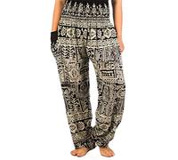 Lofbaz Harem Pants for Women Hippie Boho Festival Clothing - Bohemian Trousers for Yoga Beach Summer - Smocked Waist with Pockets - Funky Black S