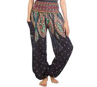 Lofbaz Harem Pants for Women Hippie Boho Festival Clothing - Bohemian Trousers for Yoga Beach Summer - Smocked Waist with Pockets - Floral 1 Dark Blue XL