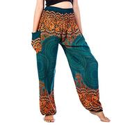Lofbaz Harem Pants for Women Hippie Boho Festival Clothing - Bohemian Trousers for Yoga Beach Summer - Smocked Waist with Pockets - Rose 1 Teal Green 3XL Plus