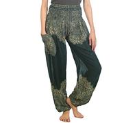Lofbaz Harem Pants for Women Hippie Boho Festival Clothing - Bohemian Trousers for Yoga Beach Summer - Smocked Waist with Pockets - Floral 1 Dark Green 4XL Plus