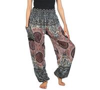 Lofbaz Harem Pants for Women Hippie Boho Festival Clothing - Bohemian Trousers for Yoga Beach Summer - Smocked Waist with Pockets - Rose 2 White XL