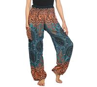 Lofbaz Harem Pants for Women Hippie Boho Festival Clothing - Bohemian Trousers for Yoga Beach Summer - Smocked Waist with Pockets - Rose 2 Teal Green XXL Plus