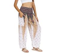 Lofbaz Harem Pants for Women Yoga Boho Hippie Clothing Womens Palazzo Bohemian Pajama Trousers Beach Indian Gypsy Genie Clothes - Peacock 1 White S