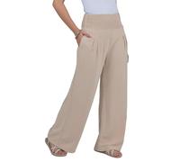 Lofbaz Women Linen Palazzo Wide Leg Pants Flowy Lounge Casual High Waist Trousers Summer Beach Boho Long Pant with Pockets Khaki XL