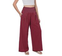 Lofbaz Women Summer Flowy Cotton Linen Palazzo Wide Leg Pants Beach High Waisted Trousers Boho Long Lounge Pant with Pockets Red Wine M