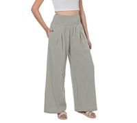 Lofbaz Women Summer Flowy Cotton Linen Palazzo Wide Leg Pants Beach High Waisted Trousers Boho Long Lounge Pant with Pockets Light Grey 2XL