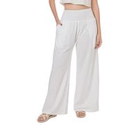 Lofbaz Women Summer Flowy Cotton Linen Palazzo Wide Leg Pants Beach High Waisted Trousers Boho Long Lounge Pant with Pockets White 2XL
