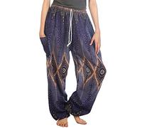Lofbaz Women's Drawstring Diamond Harem Boho Genie Pants Blue M