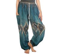 Lofbaz Women's Drawstring Diamond Harem Boho Genie Pants Teal Green 3XL