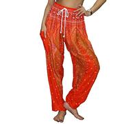 Lofbaz Women's Drawstring Harem Boho Gypsy Pants - Peacock Orange and Red L