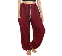 Lofbaz Women's Drawstring Harem Solid Bohemian Hippie Rayon Pants Burgundy L