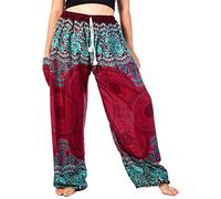 Lofbaz Women's Drawstring Rose 1 Harem Boho Genie Pants Burgundy S