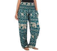 Lofbaz Women's Elephants Print Smocked Waist Boho Trousers Teal Green M