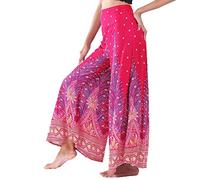 Lofbaz Women's Extra Wide Leg Palazzo Pants Yoga Lounge Hippie Harem Flowy Trousers Ethnic Tribal Elastic Waist Loose Indian Vintage 60s 70s Slacks - Peacock 1 Burgundy and Gold - L