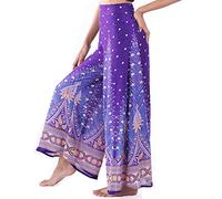 Lofbaz Women's Extra Wide Leg Palazzo Pants Yoga Lounge Hippie Harem Flowy Trousers Ethnic Tribal Elastic Waist Loose Indian Vintage 60s 70s Slacks - Peacock 1 Purple and Gold - L