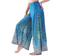 Lofbaz Women's Extra Wide Leg Palazzo Pants Yoga Lounge Hippie Harem Flowy Trousers Ethnic Tribal Elastic Waist Loose Indian Vintage 60s 70s Slacks - Peacock 1 Teal Green - L