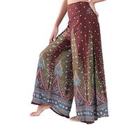 Lofbaz Women's Extra Wide Leg Palazzo Pants Yoga Lounge Hippie Harem Flowy Trousers Ethnic Tribal Elastic Waist Loose Indian Vintage 60s 70s Slacks - Peacock 1 Brown - L
