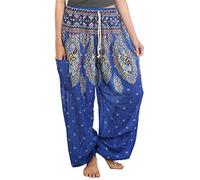 Lofbaz Women's Floral Printed Drawstring Boho Harem Pants Blue 2XL