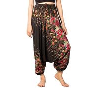 Lofbaz Women's Floral Printed Smock Waist 2 in 1 Jumpsuit Pants Black 2XL