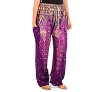 Lofbaz Women's Peacock 1 Drawstring Harem Boho Pants Purple & Gold M