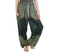 Lofbaz Women's Peacock 2 Drawstring Harem Boho Pants Dark Green L