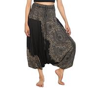 Lofbaz Women's Peacock Smocked Waist 2 in 1 Harem Jumpsuit Pants Black XL
