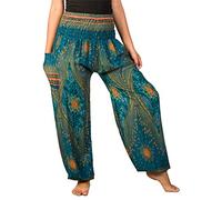 Lofbaz Women's Smocked Waist Diamond Yoga Harem Pants Teal Green L