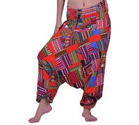 Lofbaz Women's Smocked Waist Floral Pattern 2 in 1 Patch Harem Pants Jumpsuit - Dashiki Red - OS