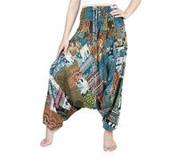Lofbaz Women's Smocked Waist Floral Pattern 2 in 1 Patch Harem Pants Jumpsuit - Green Scrap Fabric - OS