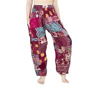Lofbaz Women's Smocked Waist Floral Rayon Yoga Boho Patch Harem Pants - Burgundy - OS