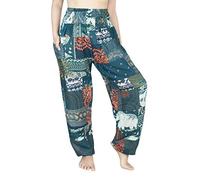 Lofbaz Women's Smocked Waist Floral Rayon Yoga Boho Patch Harem Pants - Green - OS