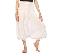 Lofbaz Women's Solid Smocked Waist 2 in 1 Harem Jumpsuit Pants White S