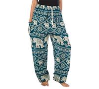 Lofbaz Women's Thai Elephants Drawstring Harem Boho Pants Teal Green L