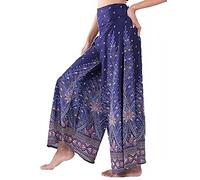 Lofbaz Women's Wide Leg Palazzo Pants Yoga Lounge Hippie Harem Flowy Trousers Ladies Petite Summer Hippy Comfy Travel Belly Dance Slacks - Peacock 1 Dark Blue and Red - S
