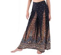 Lofbaz Women's Wide Leg Palazzo Pants Yoga Lounge Hippie Harem Flowy Trousers Lightweight Fall Plus Ladies Pajamas Sleepwear Aladdin Gypsy - Peacock 1 Black and Gold - XL