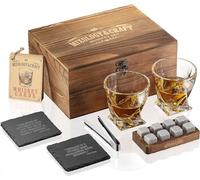 LOFERMA Whiskey Stones Gift Set for Men - Pack of 2, 300 ml Whiskey Glasses w/ 8 Granite Chilling Rocks, 2 Coasters, Metal Tongs & Cocktail Cards in Wooden Box - Twist