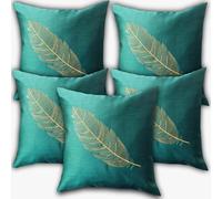 LOFEY Leaf Embroidery Silk Cushion Covers Set of 5 16x16 Inches (40x40cm) Square Pillow Cases for Sofas, Beds, and Chairs (Teal Green)