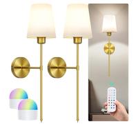 LOFICOPER Battery Wall Sconces with Remote, 2 Pack Rechargeable Wireless Wall Lights with 15-Color Detachable Bulbs, Dimmable Indoor Lighting with 30/60/120-Min Timer for Living Room, Bedroom