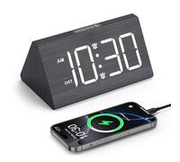 LOFICOPER Digital Alarm Clocks Bedside, 6.7" Wooden Clock with Colorful Ambient Light & Dual Alarms, Brightness Adjustable, 3 Volumes, Mains Powered Snooze Alarm Clock for Bedroom, Office, Nightstand