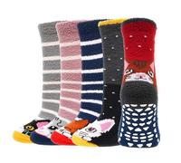 LOFIR Fluffy Slipper Socks Kids: Thermal Warm Bed Socks with Grips for Girls - Double-Sided Fleece Non Slip Thick Winter Bedsocks Soft Fuzzy for Children Christmas Gifts 5 Pairs 10-12 Years Cat