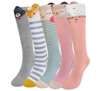 LOFIR Girls Knee High Socks: Kids Cute Animal Long Stockings Striped Cotton Seamless Funny Children's Socks Teenage Novelty Over Calf School Socks for Gifts Party Birthday Animal 5 Pairs 4-6 Years