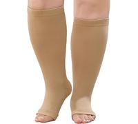 LOFIR Plus Size Compression Socks: Flight Socks for Women Large Calves Wide Calf Graduated Compression Socks for Men Open Toe Stockings for Support Travel Pregnancy Nurses 20-30 mmHg Beige XXL 1Pair