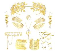 LOFITOR 11Pcs Greek Goddess Costume Accessories Set for Women Gold Plated Laurel Leaf Crown Headband Leaf Armband Coil Bracelet Leaf Dangle Earring Necklace Leaf Ring Waist Belt Wedding Toga Cosplay