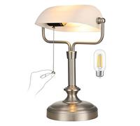 LOFOB Banker's Desk Lamp with White Glass Shade, Brushed Nickel Base, Pull Chain Switch,LED Bulb Included
