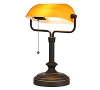 LOFOB Classic Banker's Desk Lamp, Amber Glass Shade, Antique Black Base, 60W Max, Pull Chain Switch