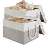 LoforHoney Home Fabric Storage Bins with Lids for Organizing, Foldable Storage Boxes with Lids for Shelves, Clothes Baskets with Cotton Rope Handles, Closet Storage Bins, Large, Beige & Gray, 2-Pack